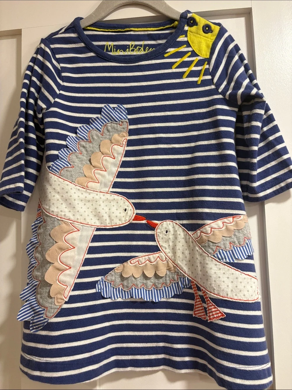 VGUC Mini Boden Navy Stripe Birds Appliqué Dress size 3-4